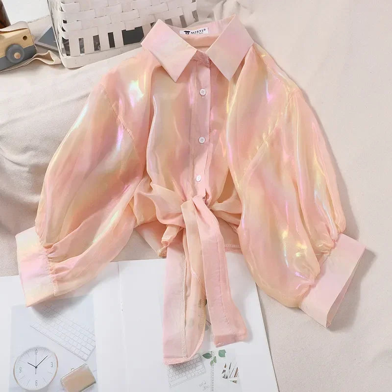Women Shining Sparkles Tied Waist Sexy Chiffon Blouses Shirts For Women