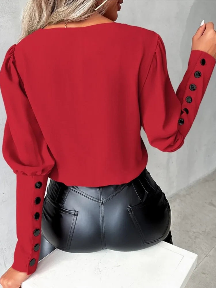 Blouse Women Long Sleeve V Neck Casual Pullover Elegant Pink Tops Shirts Femme