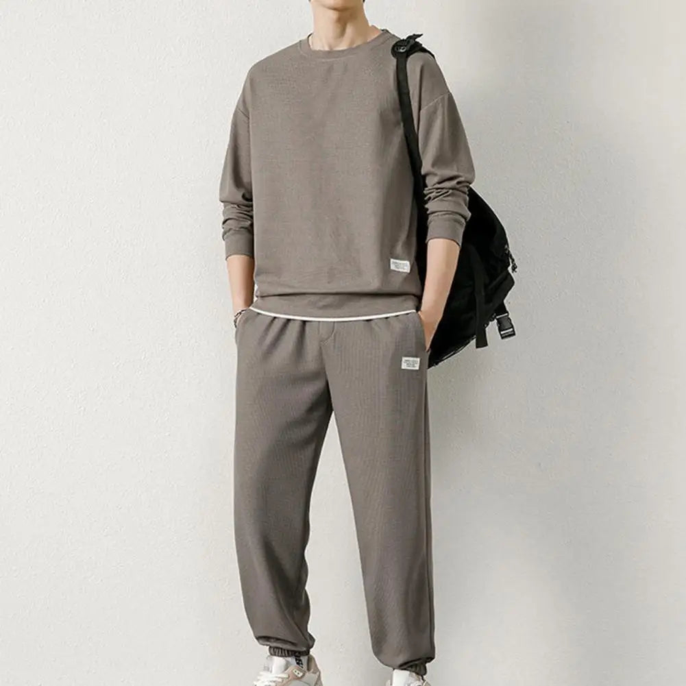 Men Top Trousers Set Men's Casual Waffle Texture Sweatshirt Suit with Elastic Waist Jogger Pants Set for Autumn Winter Youth