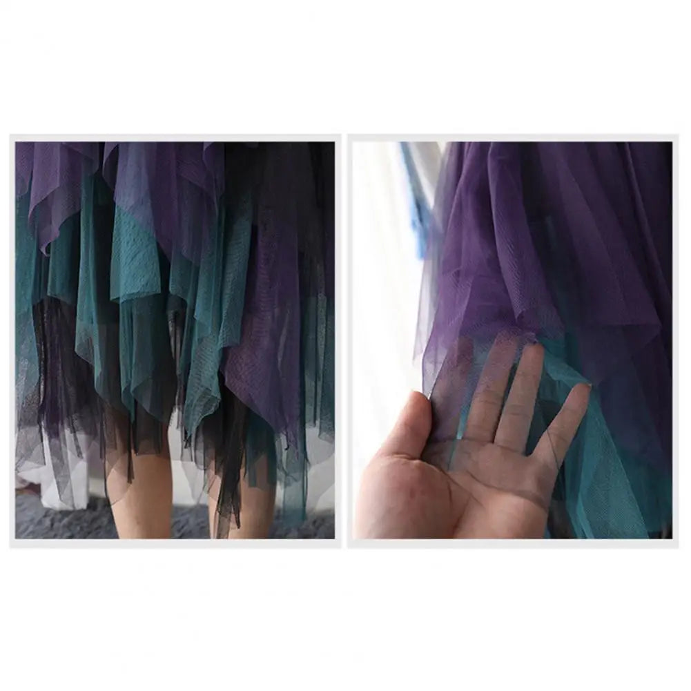 Irregular Gradient Color Skirt Colorful Mesh Multi-layered Midi Skirt with High Elastic Waist for Women Irregular Soft for Women