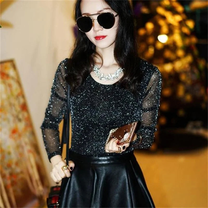 Women's Sexy Mesh Blouse Long Sleeve Transparent Shining Elegant Shirt Fashion Women Tops