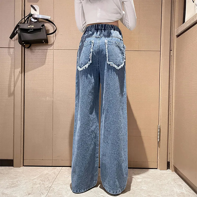 Jeans for Girls Autumn Clothes for Teenagers Solid Loose Kids Wide Leg Pants Fashion Casual Children Trousers