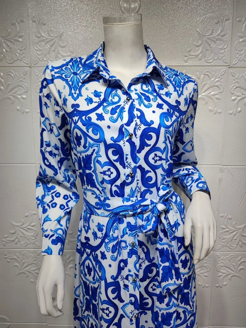 Muslim Dress Women Retro Printed Abaya New Long Shirt Dress Single Breasted Button Lapel Maxi Robe Spring Summer