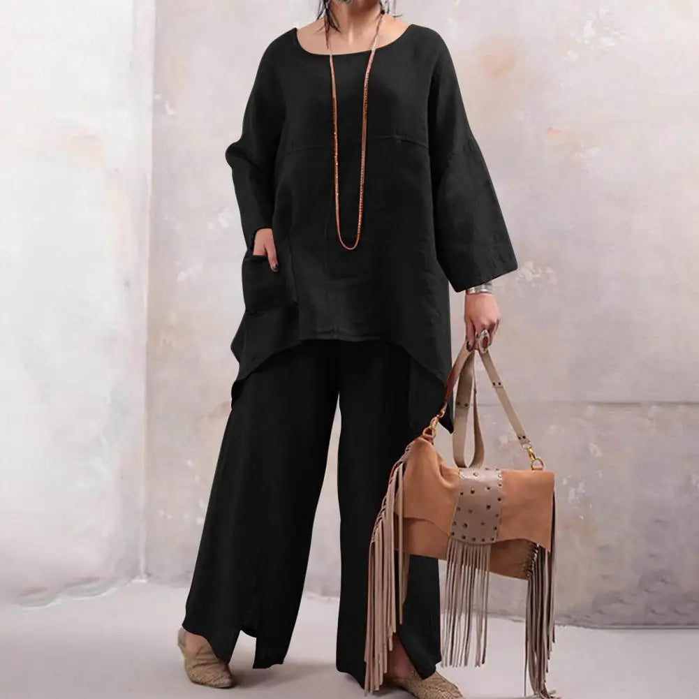 Loose Fit Pants Suit Stylish Women's Top Pants Set with Irregular Hem Wide Leg Trousers Soft Breathable Fabric 2 for Comfort