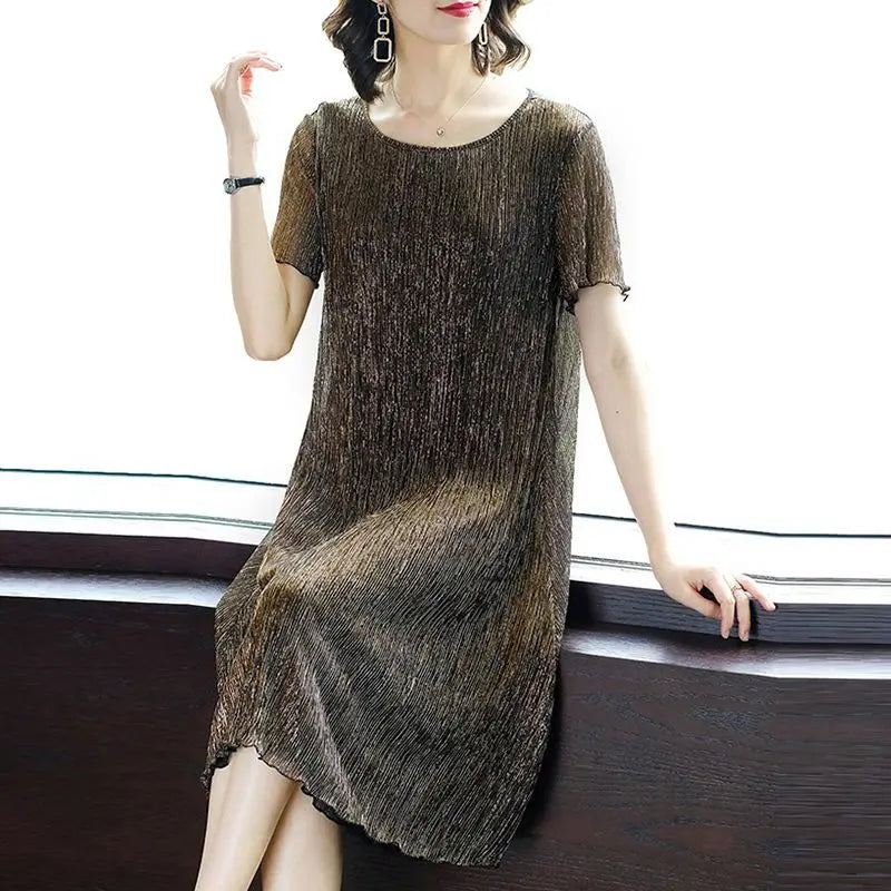 Women's Clothing  O-neck Patchwork Ladies Midi Dress Summer Korean Pullovers Solid Color Short Sleeve New Straight Dresses