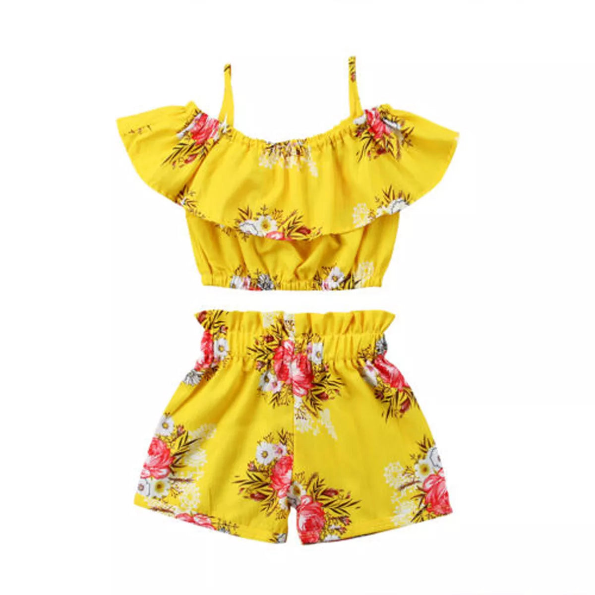 1-6 Year Old Toddler Baby Girl Clothes Watermelon Sunflower Print Ruffle Drop Shoulder Strap Top Shorts 2-Piece Summer Set
