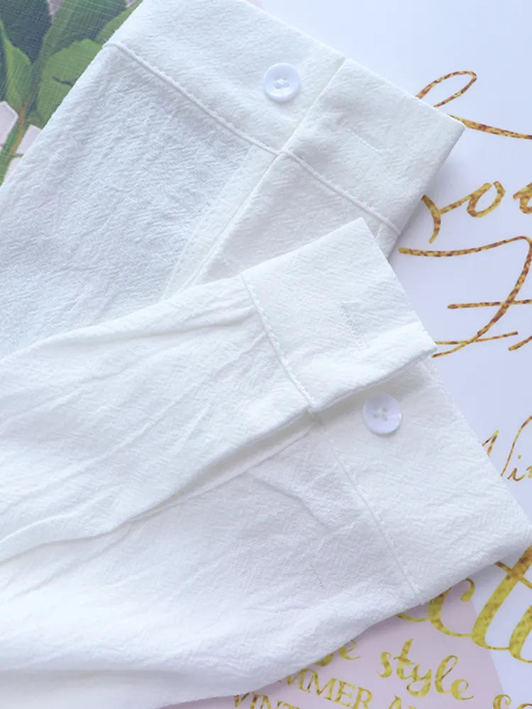 Cotton Flower Embroidery Women Shirts Blouses Fashion Long-Sleeved Solid Elegant Shirt Top Blue White