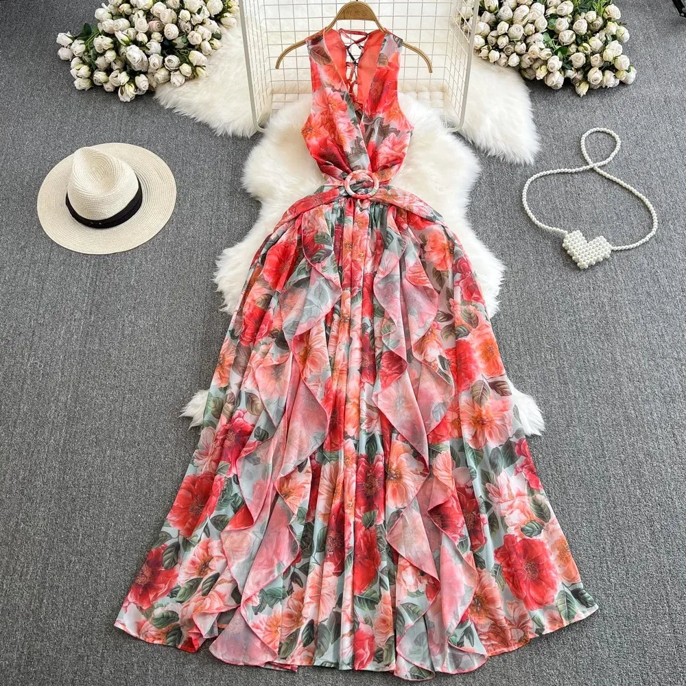 Floral Print Sleeveless Elegant  Dress A-line Casual Beach Vacation Dress Women Fashion Evening Party Summer