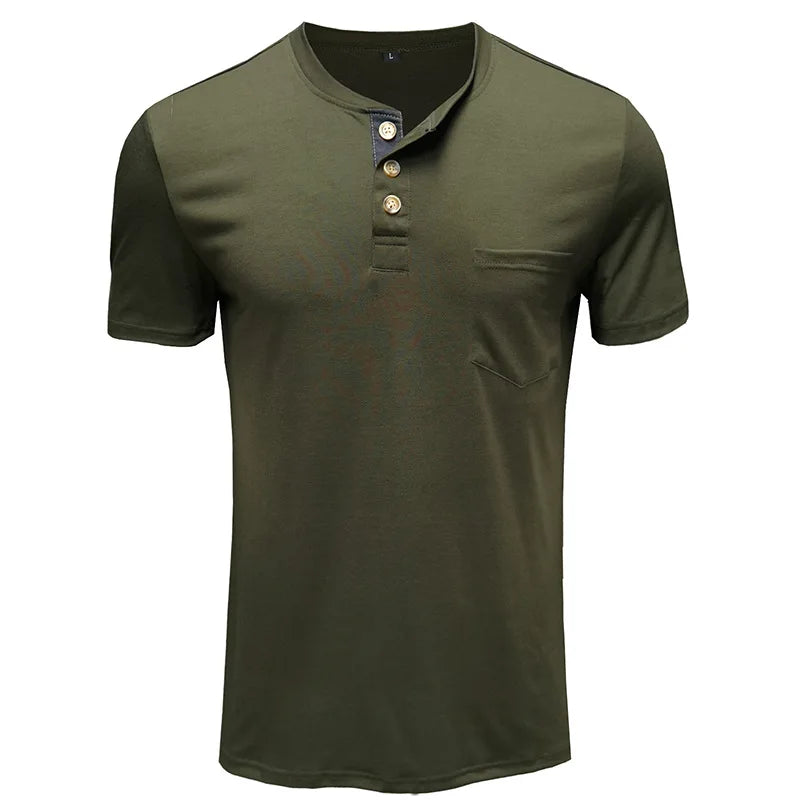 Summer Men's Short Sleeved T-shirts Henley Collar Solid Casual Top Single Breasted Pocket TShirt Soft Comfy Bottoming Shirt