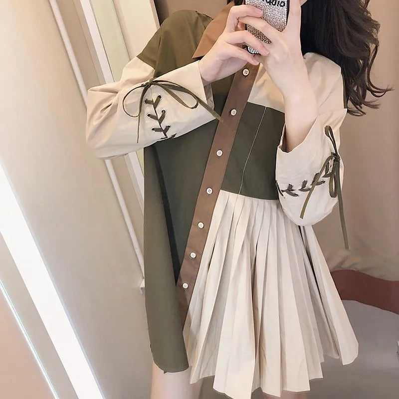 Vintage Female Pleated Spliced Long Sleeve Shirt Stylish Spring Women's Clothing Casual Loose Button Lace Up Blouse