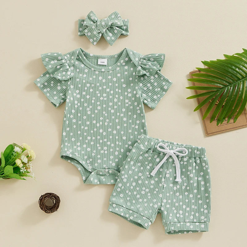 Baby Girls Shorts Outfits Floral Print Short Sleeve Romper with Shorts and Heaband 3Pcs Summer Set
