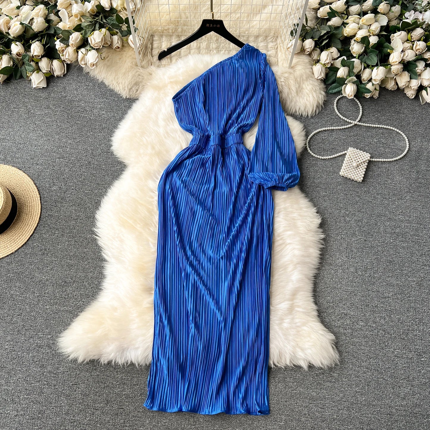 Elegant Chic Pleated  Dress Diagonal Collar Off Shoulder Long Sleeve Evening Vestidos Women Party Ceremonial Hip Wrap Dress