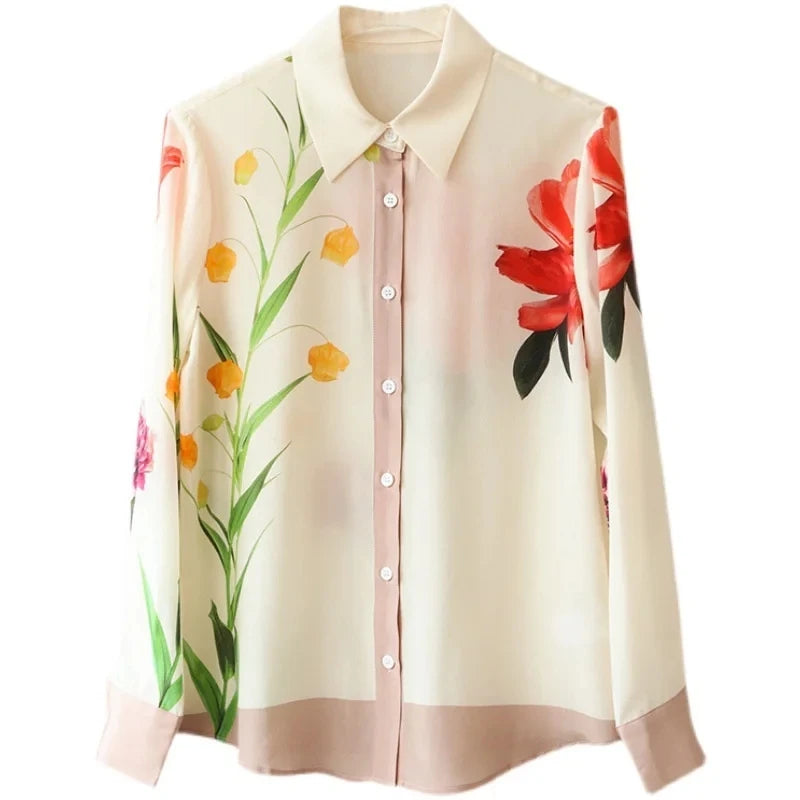 Women Spring Summer Satin blouses Blouses Shirt Lady Casual Long Sleeve Turn-down Collar Print Slim Tops