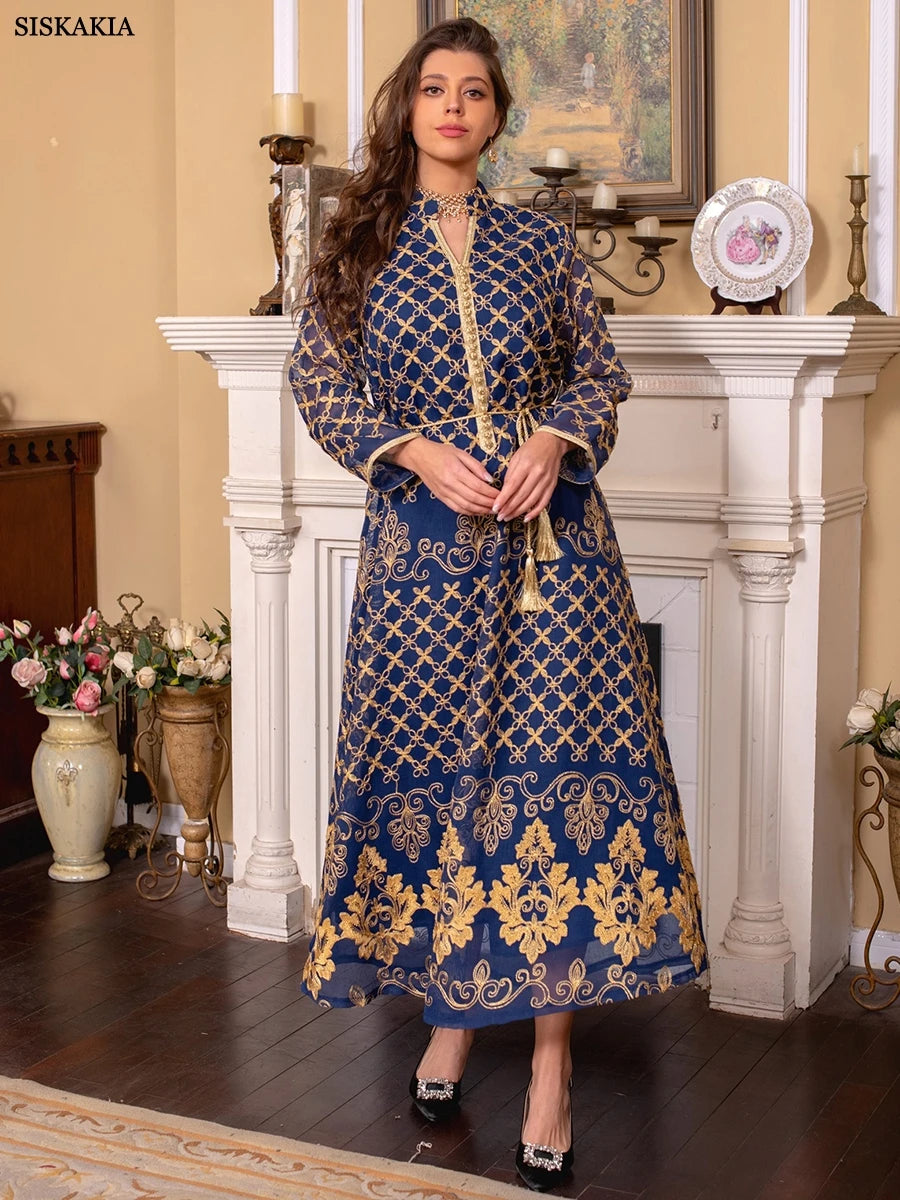Ramadan Dresses Elegant Ethnic Floral Embroidery Kaftan Dress Moroccan Muslim Dubai Abaya Luxury Women Clothes