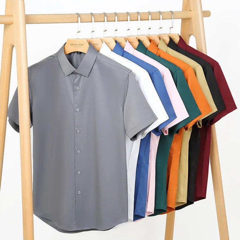 Quality Men Shirt Short Sleeve Stretch Anti-Wrinkle No-Iron Slim Fit Business Casual Party Multicolor Social Shirts For Men 4XL