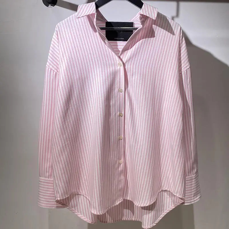 Women's Chic Pink Striped V-neck Single Breasted Shirt Basic Casual Versatile Loose Blouse Female Blusas Tops