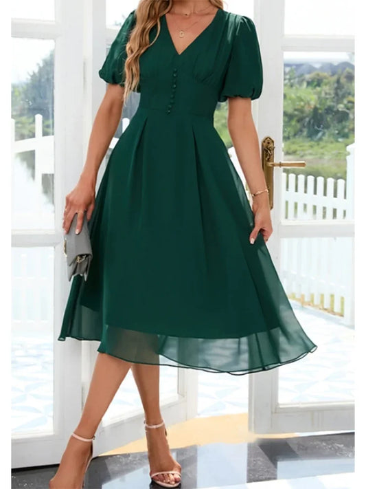 Plus Size Women Short Dress V-Neck Elegant A-line Chiffon Midi Dresses Lantern Sleeve Casual Party Summer Dress Vestidos