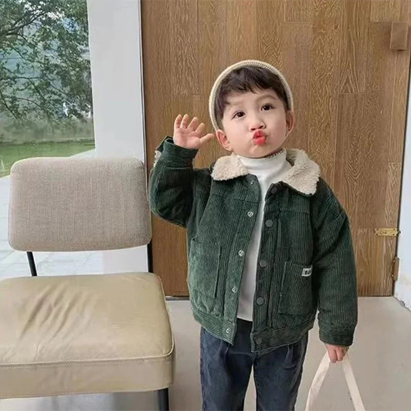 Boys Coat Jacket Outwear Tops Cotton Corduroy Thicken Plus Velvet Winter Autumn Plus Size Overcoat Children's Clothes
