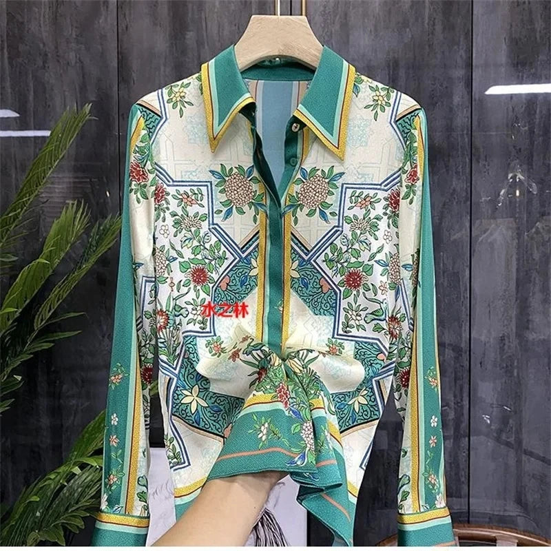 Women Spring Summer Satin blouses Blouses Shirt Lady Casual Long Sleeve Turn-down Collar Print Slim Tops