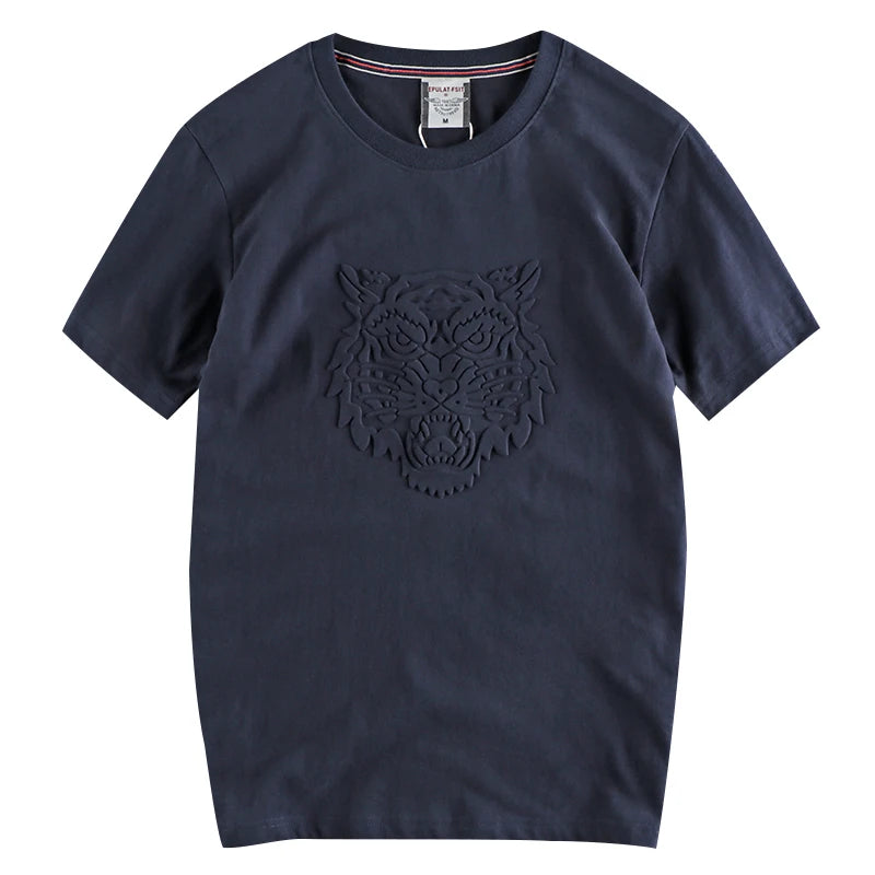 Summer New American Retro Embossed Tiger Pattern T-shirt Men's Fashion 100% Cotton Washed Old Short Sleeve O-neck Casual Tops