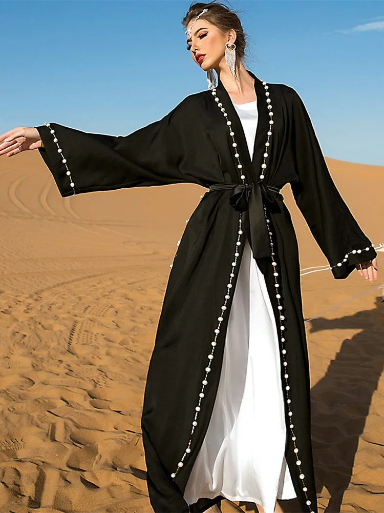Ramadan Eid Djellaba Abaya Muslim Dress Kimono for women Cardigan Robes Pearl Beading Muslim Islam Abayas With Belt