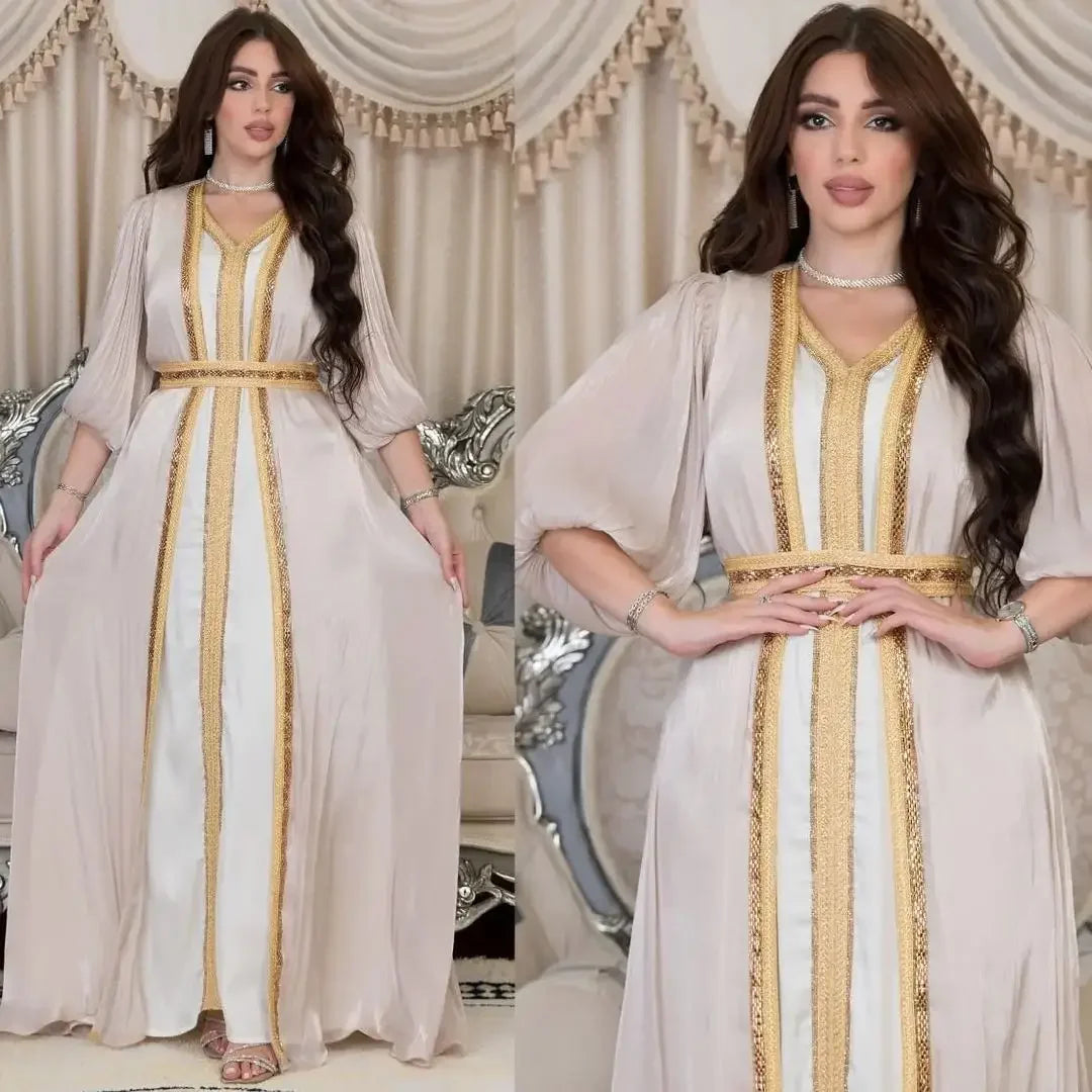 Morocco Muslim Party Dress for Women Satin Abaya 3 Piece Matching Set Turkey Dubai Luxury Kaftan Evening Long Dresses Eid Abayas