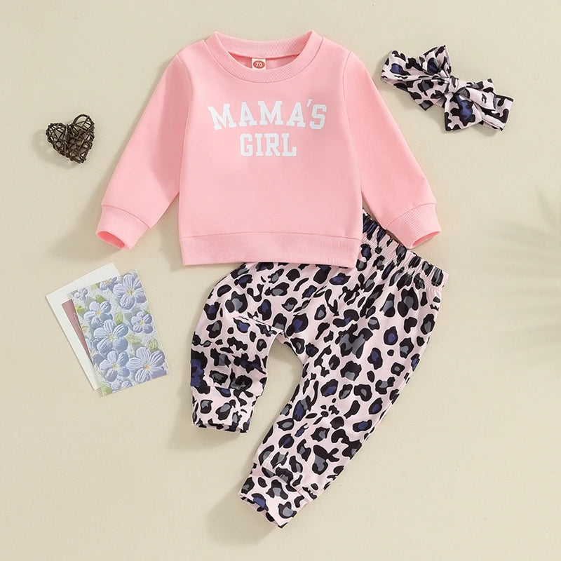 Toddler Baby Girls Outfits Long Sleeve Letter Print Sweatshirt Leopard Pants Headband Set Clothes