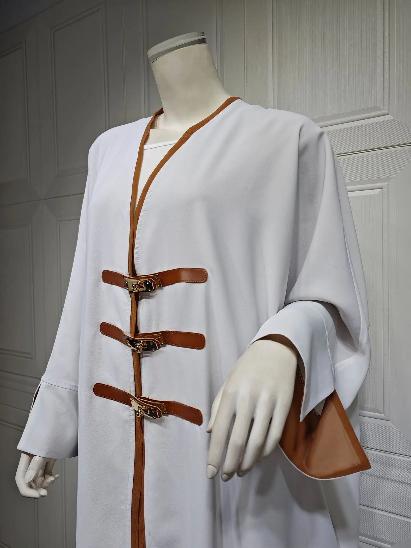 Leather Buckle Open Kimono Abaya For Muslim Women Ramadan Eid Jalabiya Patchwork Long Sleeve African Moroccan Robe