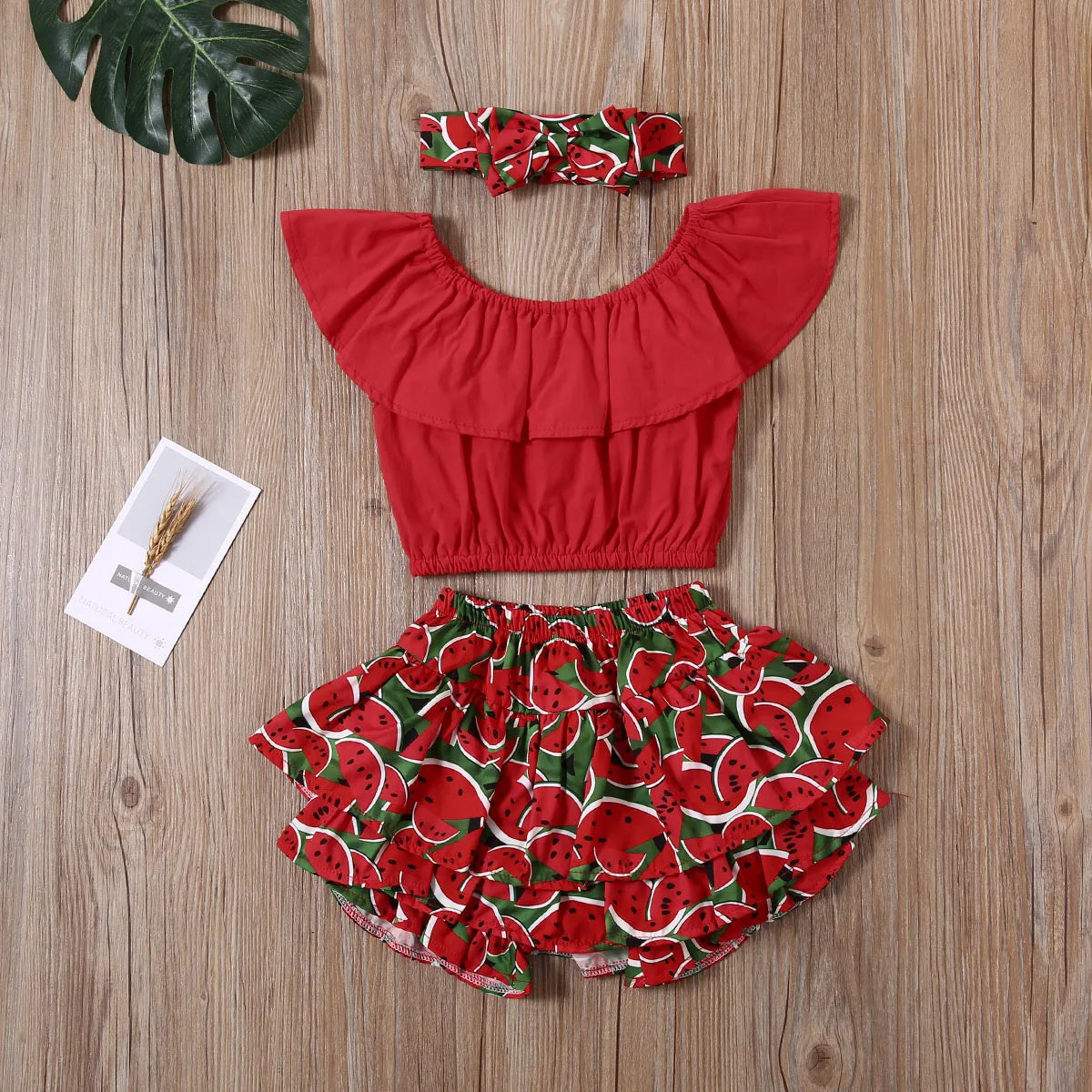 1-6 Year Old Toddler Baby Girl Clothes Watermelon Sunflower Print Ruffle Drop Shoulder Strap Top Shorts 2-Piece Summer Set
