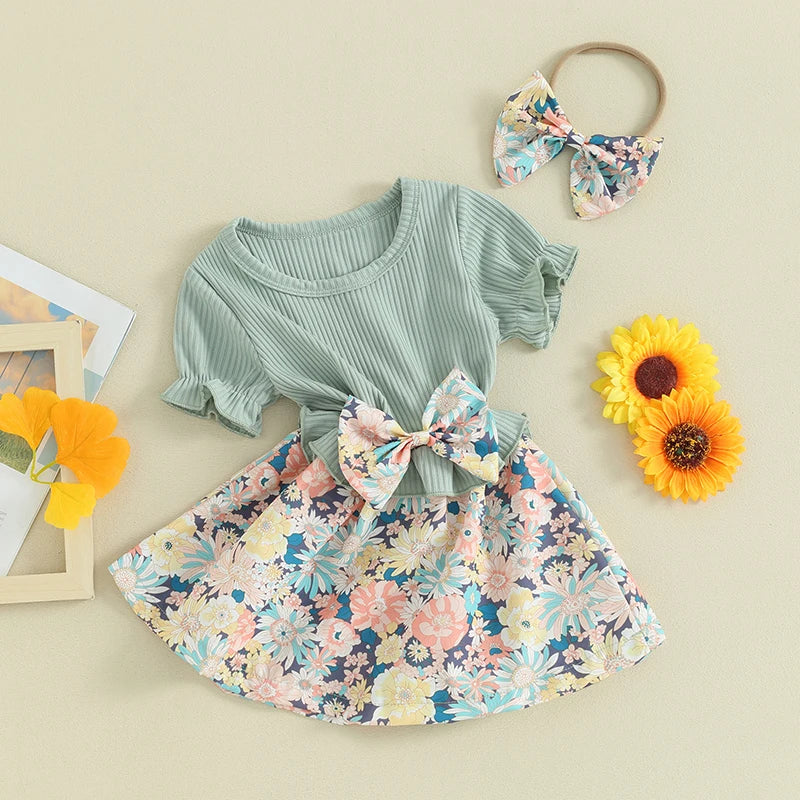 Toddler Girls Clothes Two Piece Outfits Floral Ribbed Patchwork Short Sleeve Princess Dress and Headband Summer Clothing