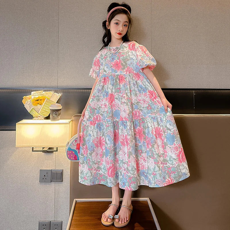 Summer Girls Printed Dress Puff Sleeve Casual Long Floral Pincess Dresses for Kids Teenage Children Clothes