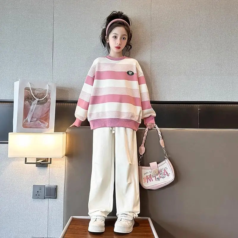 Spring Autumn Fashion Kid Girls Clothes Sports Suit Kids Clothes Girl Striped Sweatshirt Top Long Trousers 2 Piece Set 7-14 Year