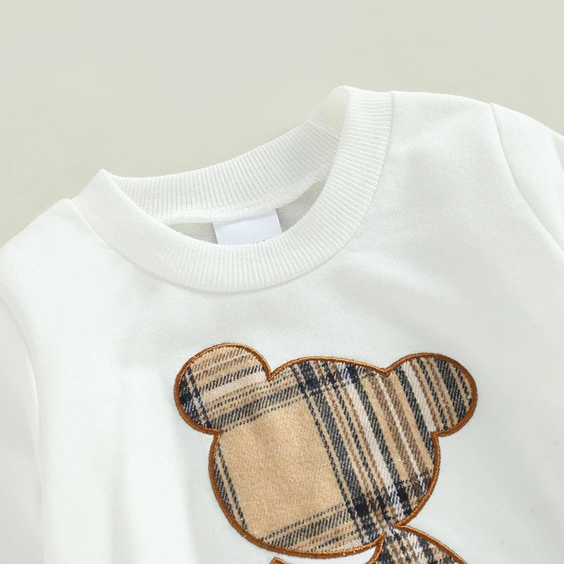 Newborn Baby 2Pcs Fall Outfits Long Sleeve Plaid Bear Pattern Pullover Tops and Pants Set  0-24M