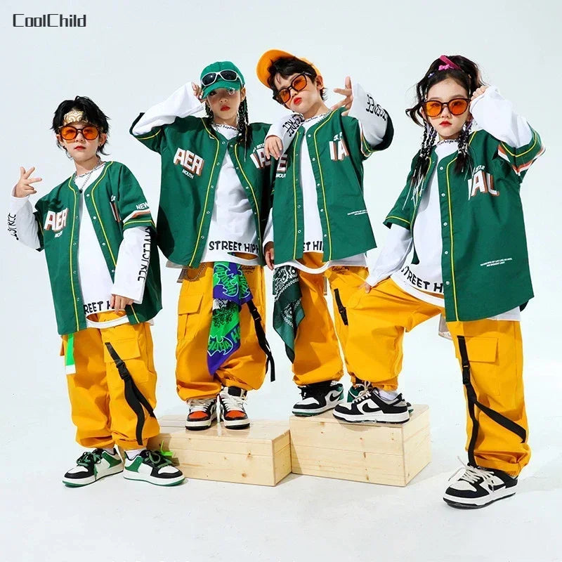 Hip Hop Boys Fashion Baseball Jacket Solid Caro Pants Girls Cool Streetwear Children Jazz Clothes Sets Kids Street Dance Costume