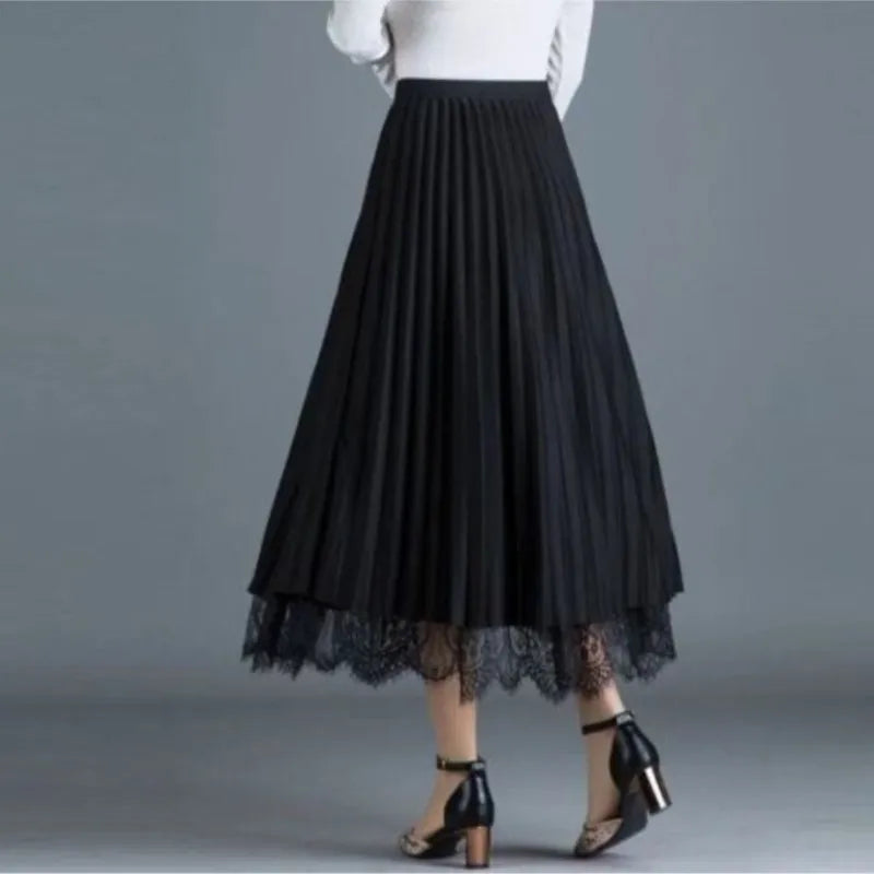Women's Fashion Pleated Skirt  Elegant Chic Lace Mesh Long Maxi Skirt Female Elastic High Waist A Line Skirts