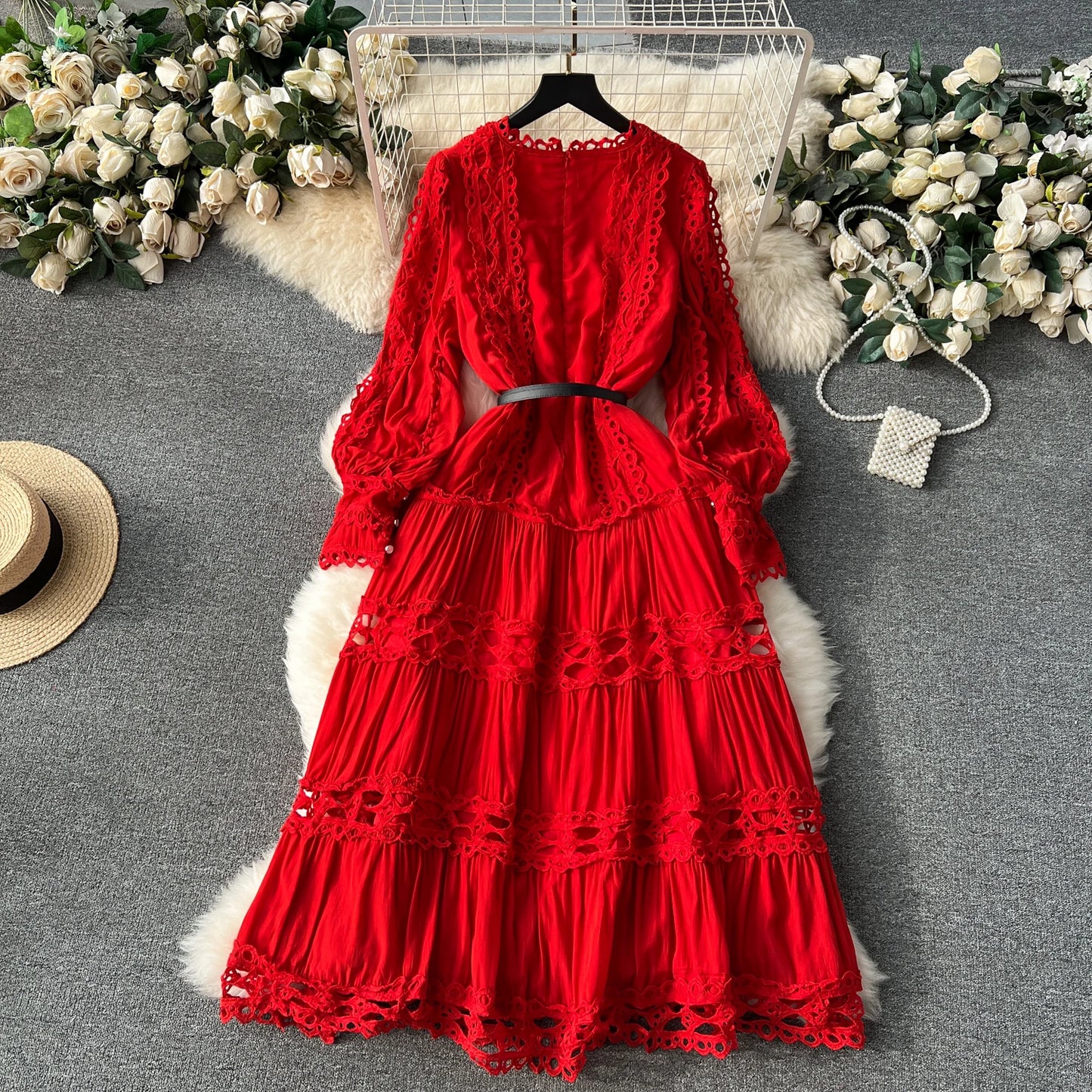 French Vintage Lace Hollow Patchwork Puff Sleeves O Neck Dress Casual Women Fashion Autumn Vacation Dress