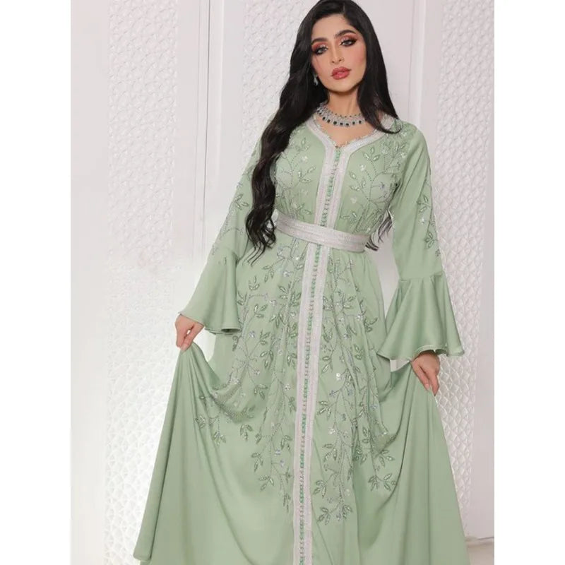 Kaftan Robe Gown Islamic Clothing Maxi Party Abaya Muslim Dress Long Sleeve High Waist Ramadan Caftan