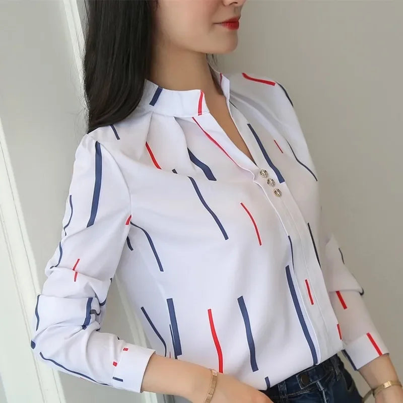 Women's Blouses Work Shirts Long Sleeve Women Tops Fashion Casual White Stripe Print Female Slim Shirt