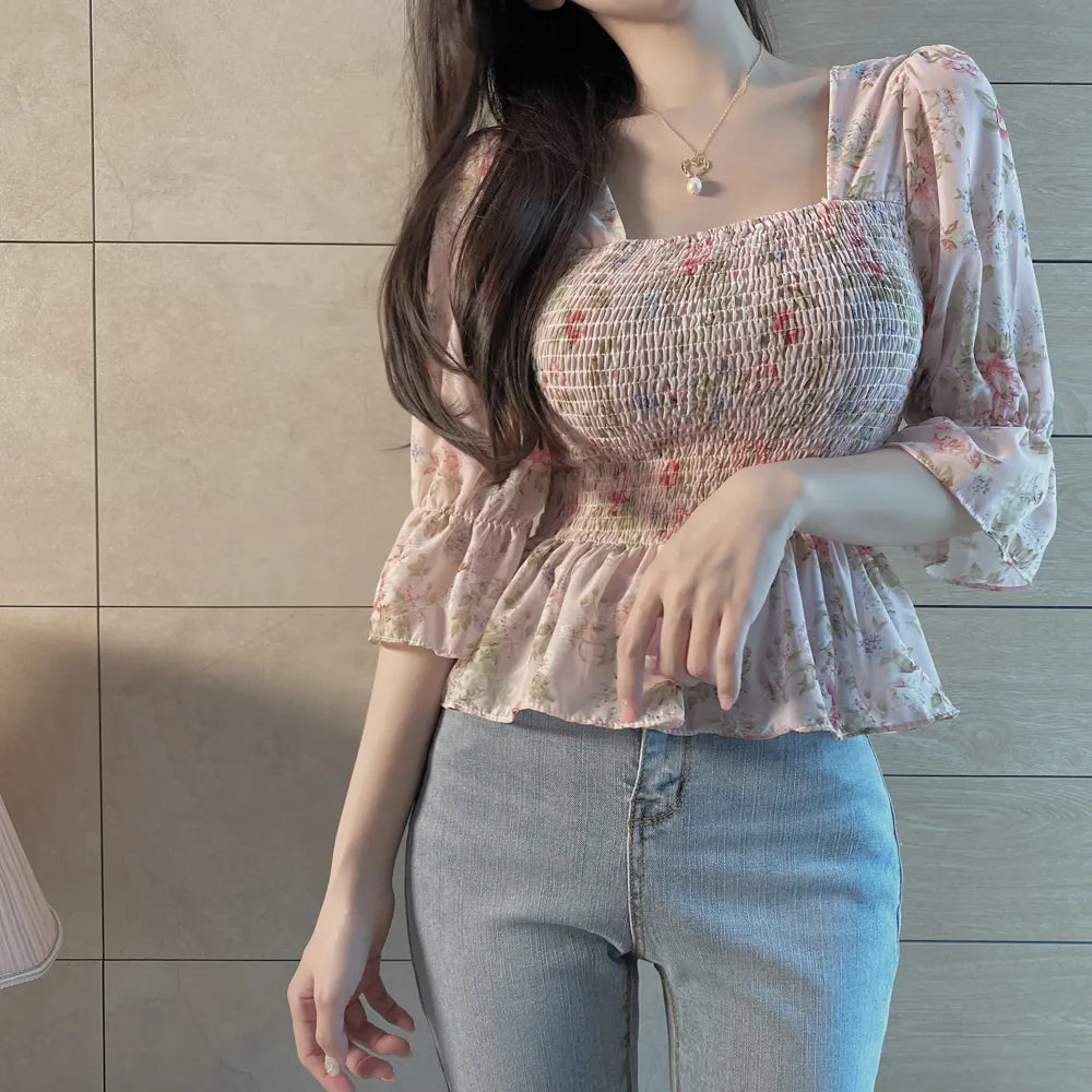 Chiffon Floral Western Style Small Shirt Women Summer Super Fairy Square Collar Top Waist Hugging Short Half Sleeve