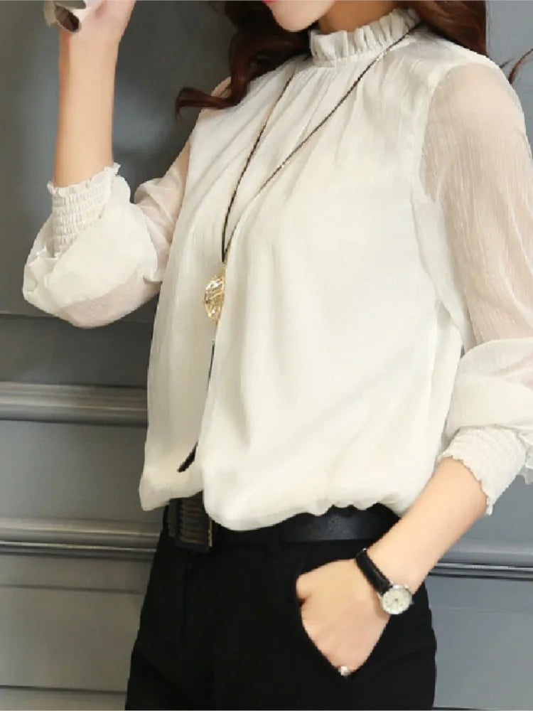 Lace Chiffon Shirt Women's Mesh Ruffled Long Sleeve Fashion Casual Top Shirts Elegant Whiter Green Tops Blouse
