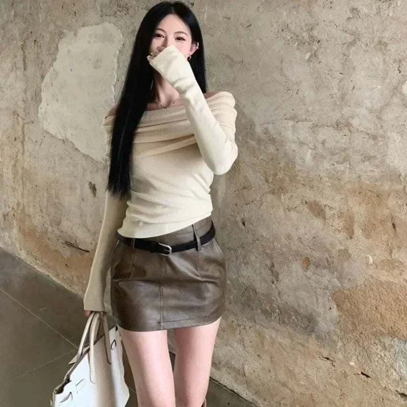 Slash Neck Sweater Off Shoulder Knitwear Jumper Korean Fashion Women Slim SexyY2k Autumn Winter Clothing Pink Black Apricot