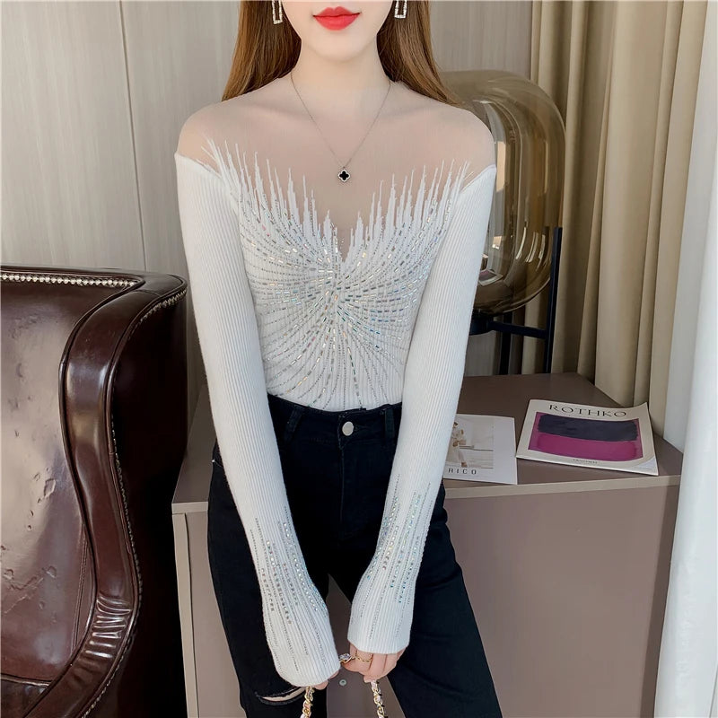 Ladies Mesh Stitching Nail Bead Pullover Sweater Women Clothing Girls  Autumn Casual Knitwear Female Woman OL Sweaters