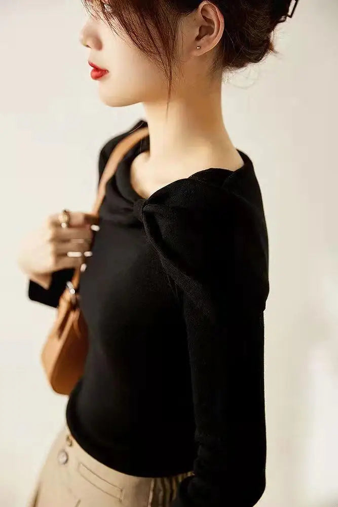 Fashion Bow Knit Sweater Women Slash Neck Long Sleeve Top Korean Womens Clothing Pullovers Sweaters Autumn Winter