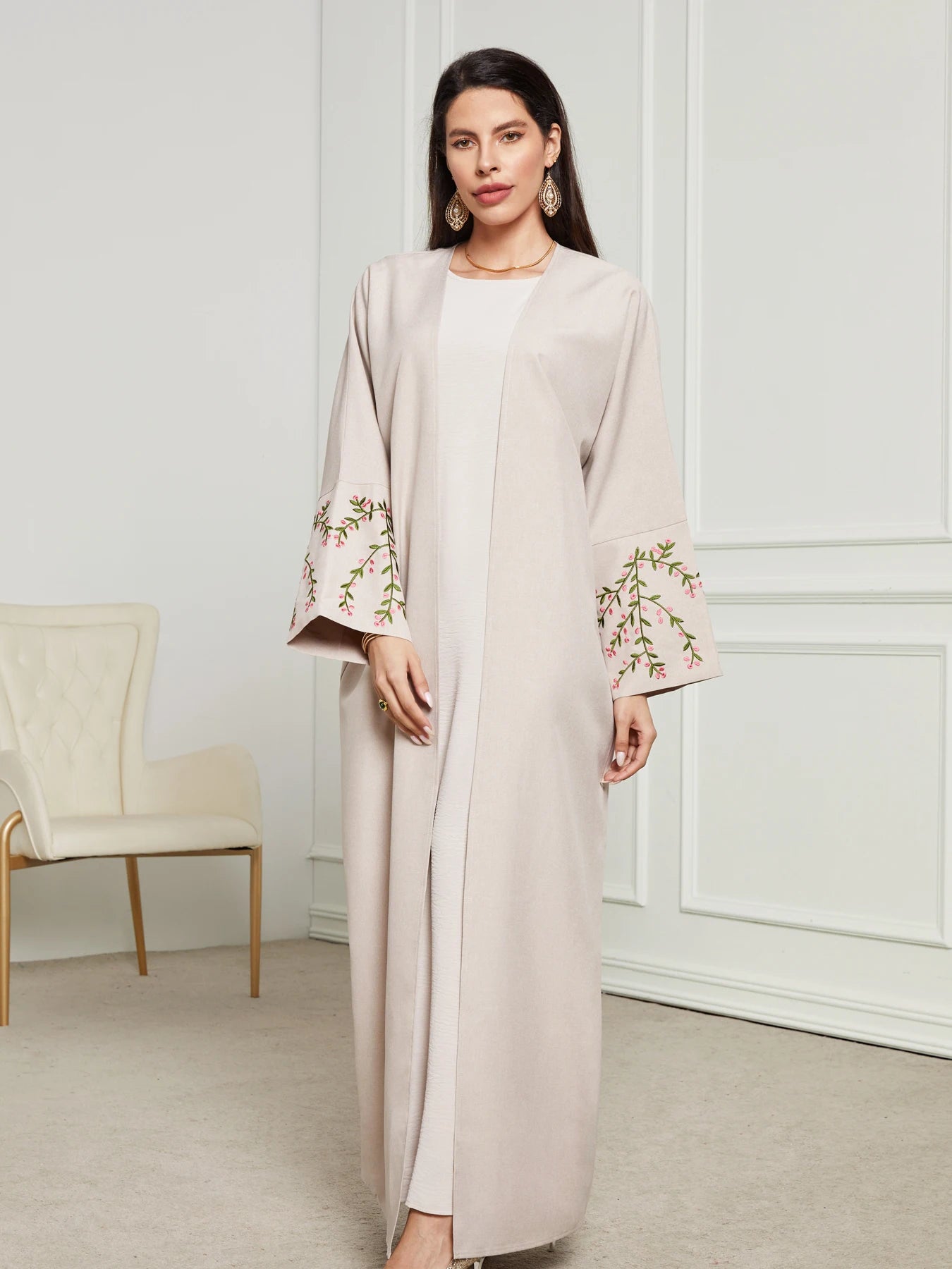 Open Kimono Abaya For Muslim Women Shalwar Kameez Jalabiya Embroidery Long Sleeve Robe
