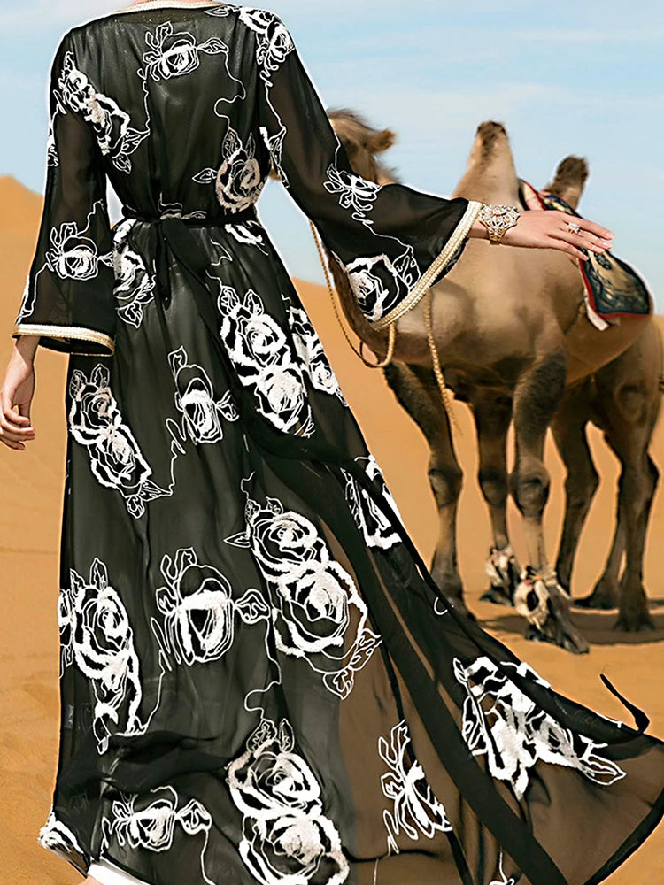 woman Dress Arabic Long Sleeved Round Neck  Floral Embroidered Cardigan Two Piece