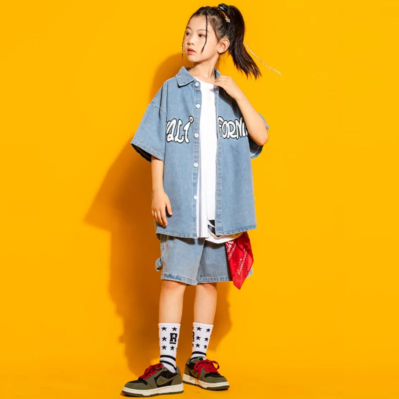 Fashion Denim Jeans Shirt Shorts Kids Hip Hop Dancing Clothes for Girls Boys Jazz Dancewear Street Dance Wear Ballroom Costumes