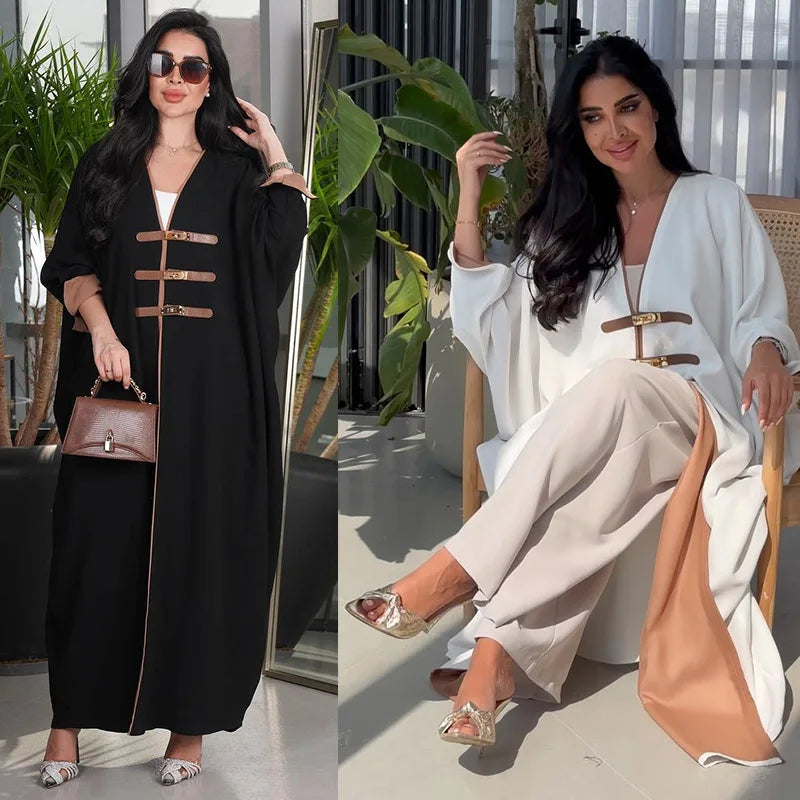 Leather Buckle Open Kimono Abaya For Muslim Women Ramadan Eid Jalabiya Patchwork Long Sleeve African Moroccan Robe
