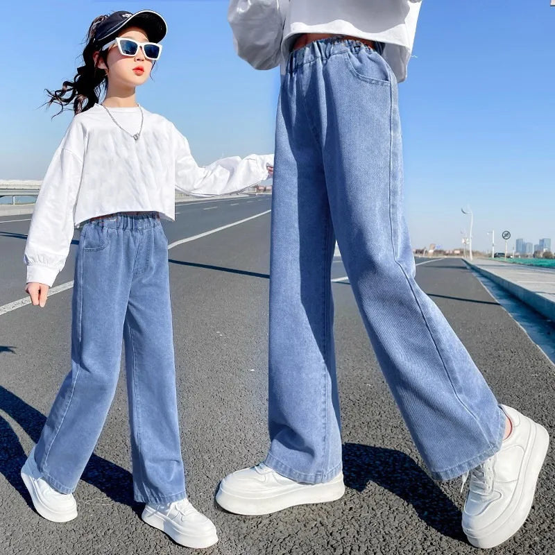 Children's High Waisted Straight Fit Ripped Jeans With Holes For Girls Casual Denim  kids Pants