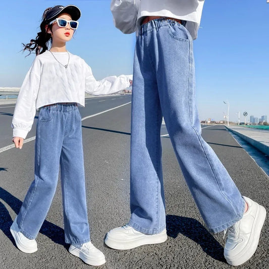 Children's High Waisted Straight Fit Ripped Jeans With Holes For Girls Casual Denim  kids Pants