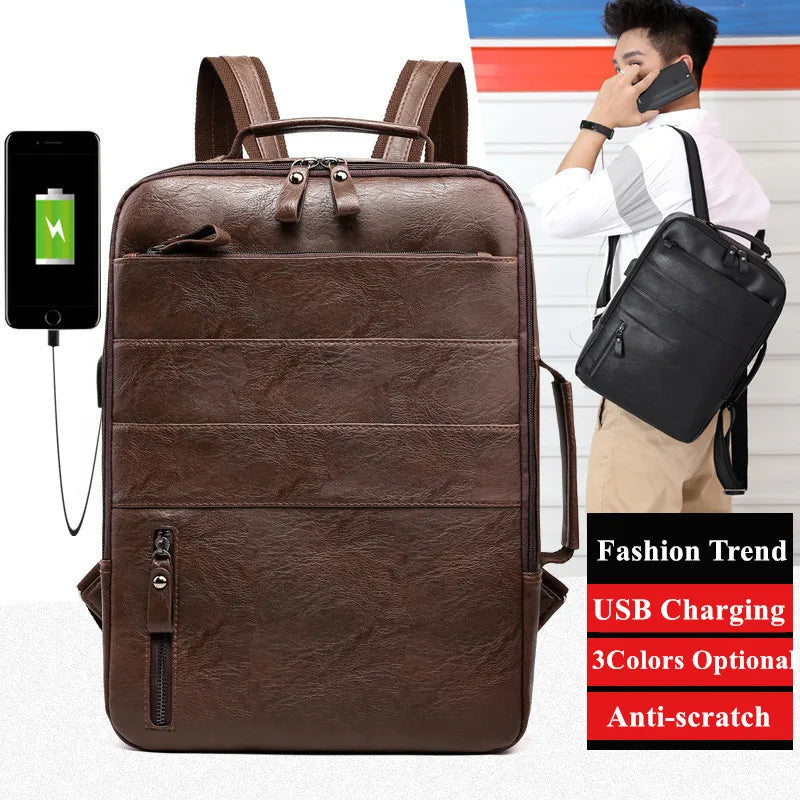 Business Backpacks For Men Waterproof PU Leather Laptop Bag Large Capacity USB Charging Rucksack Male Fashion Bagpack